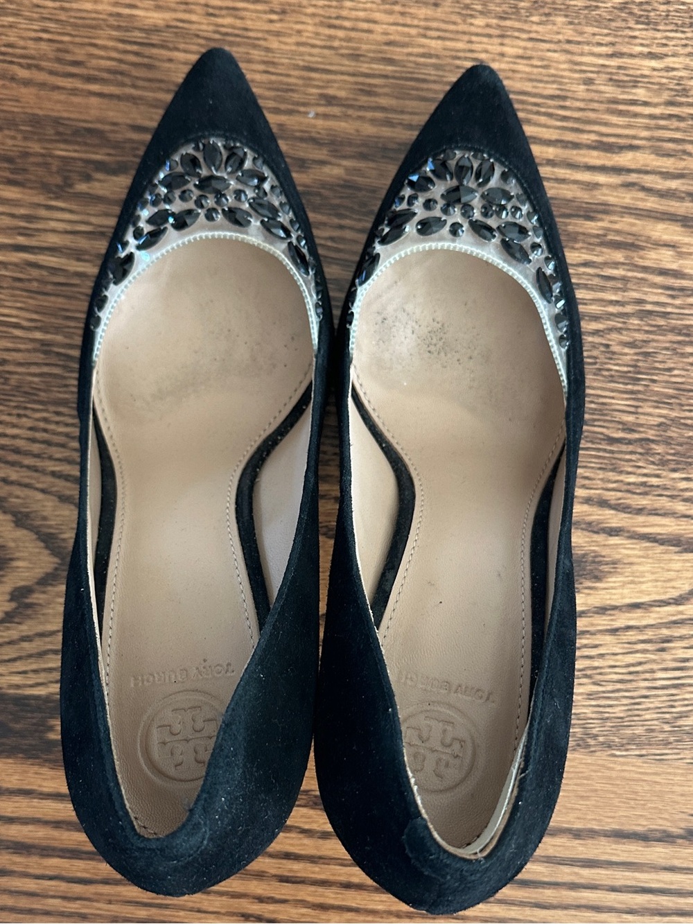Tory Burch Black Suede Pointed Toe Pumps with Silver Floral Cutout